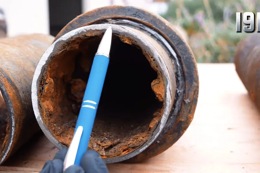 Cast iron pipe opening with rust buildup during a plumbing service call in Apache Junction, AZ