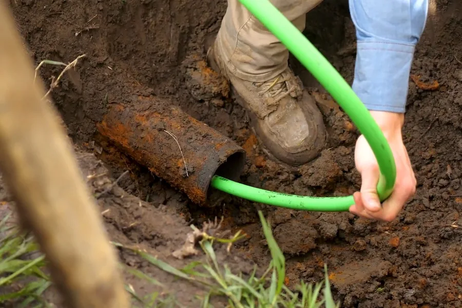 Green hose feeding into a sewer excavation during a plumbing service call in Saguaro Hills, Fountain Hills, AZ