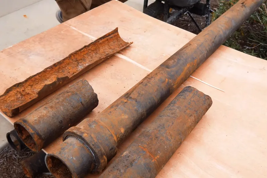 Rusty cast iron pipe sections laid on cardboard during a plumbing service call in Apache Junction, AZ