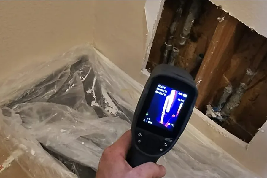 Thermal meter pointed at a damp wall opening illustrating the warning signs of a slab leak every fountain hills homeowner should know