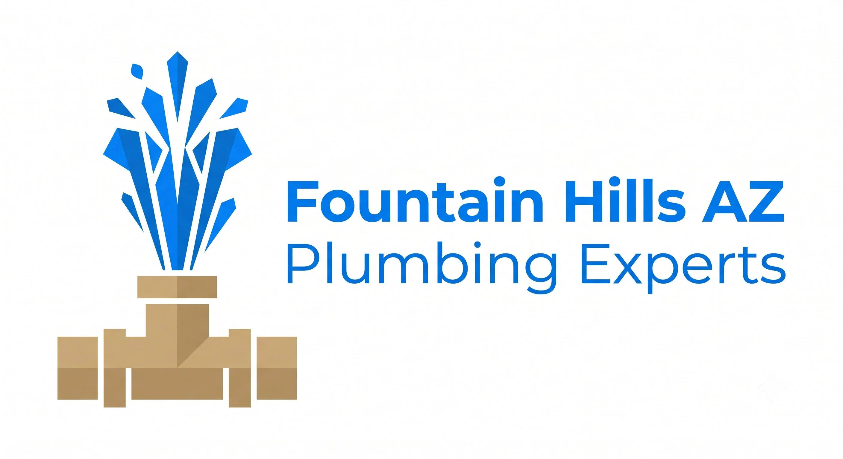Fountain Hills AZ Plumbing Experts brand mark showing a blue fountain spray rising from a brass pipe tee fitting